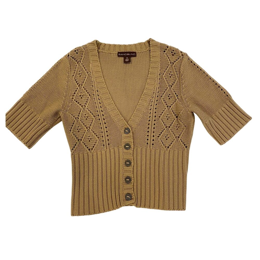 Boho 70's Inspired Bandolino Ribbed Knit Light Brown Cardigan Size M